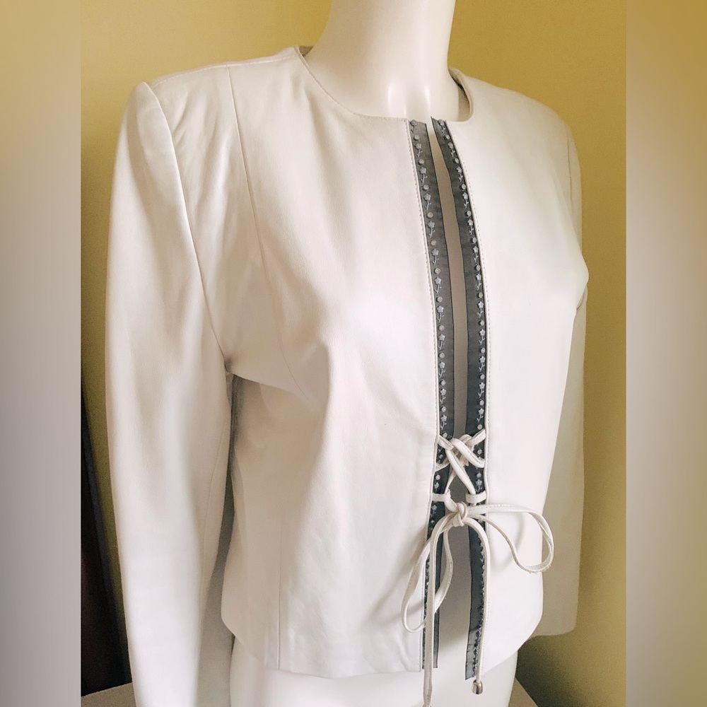White real lamb leather blazer leather tie-bow sparkle black chiphone front trim
